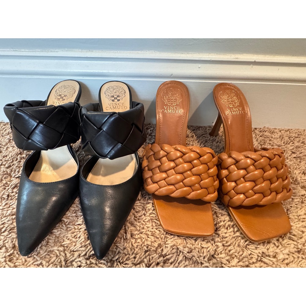 Vince Camuto Women's Size 8 Heels Lot – Black Pointed Toe & Cognac Braided Mules